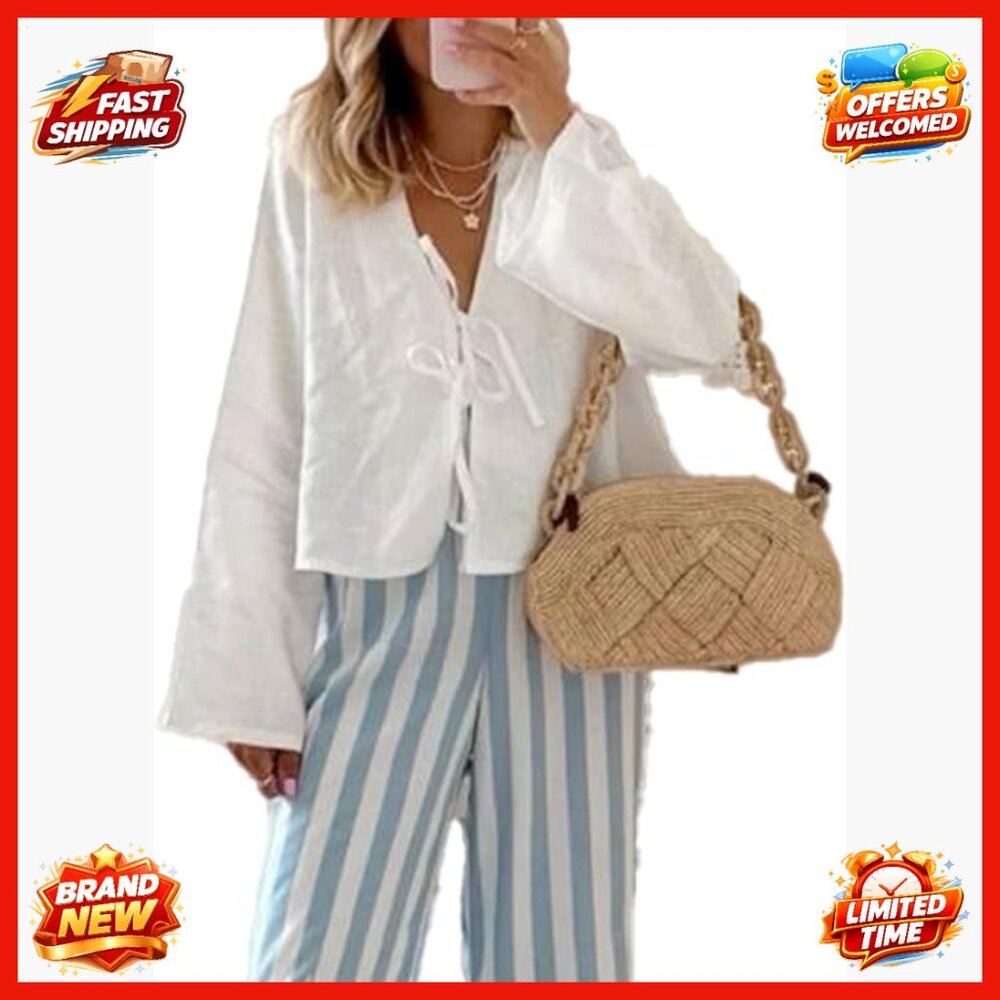 Linen V-Neck Crop Top with Flare Sleeves and Front Bow Tie